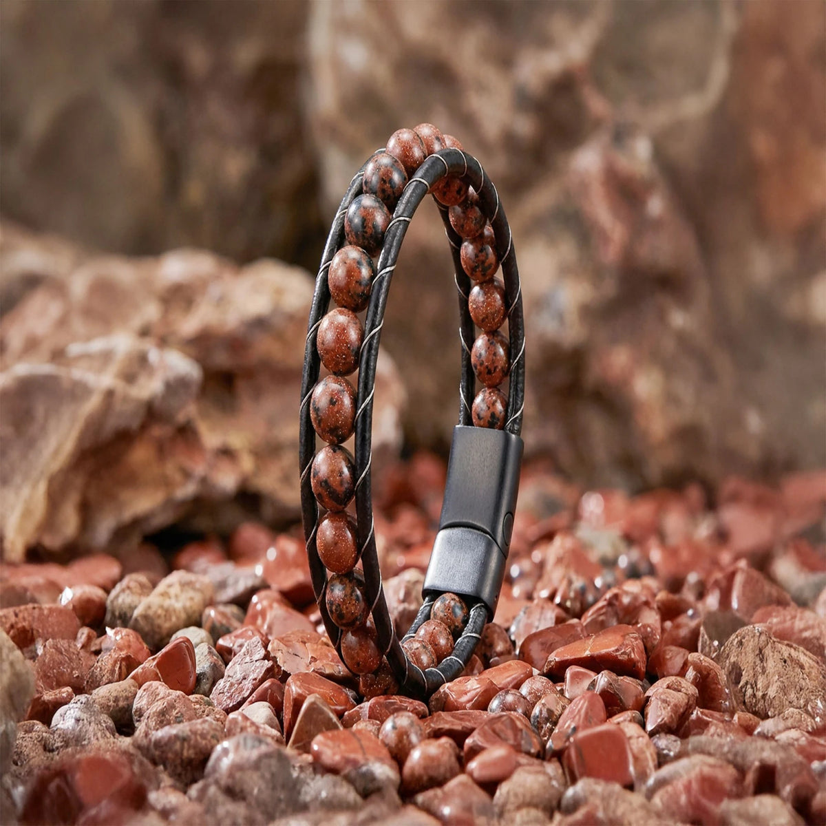 8mm Maun Obsidyen Doğaltaş Ve Deri Bileklik